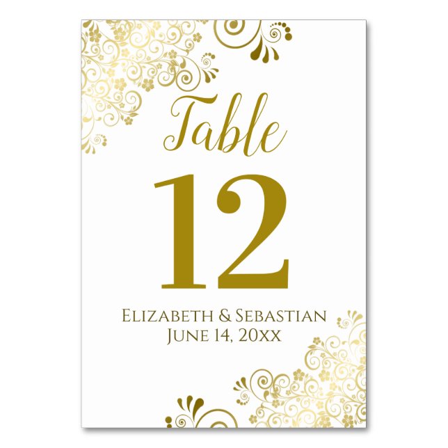 Gold und Weiß Elegant Frilly Wedding Tischnummer (Vorderseite)