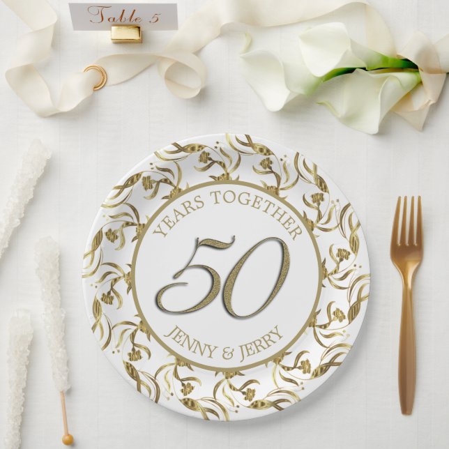 Gold und Weiß, elegante Jubiläumsfolie Pappteller (Hochzeit)
