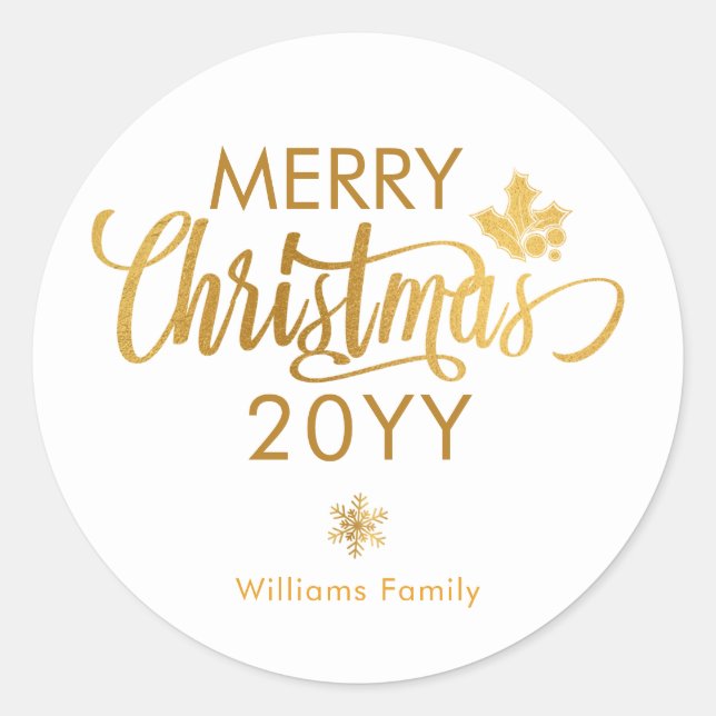 Gold und Weiß frohe Weihnachten Custom Holiday Cla Runder Aufkleber (Vorderseite)