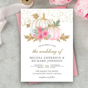 Gold und Weiß Kürbis Rosa Floral Herbsthochzeit Einladung