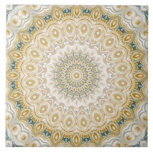 Gold- und Weiß-Mandala-Muster mit Türkis-Akzenten Fliese