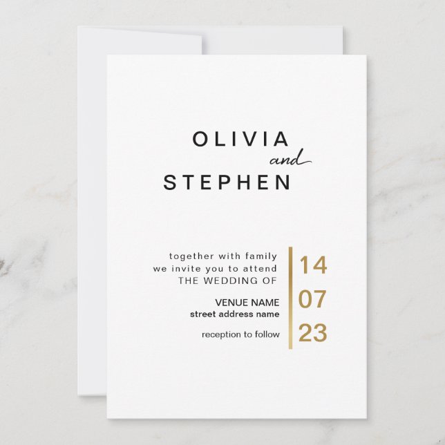 Gold und Weiß. Stilvolle minimale Typografie-Hochz Einladung (Vorderseite)