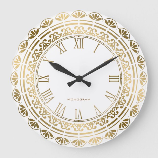 Gold und Weiß, Vintage Blumenmuster Große Wanduhr (Vorderseite)