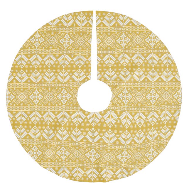 Gold und Weiß Weihnachtsmesse Isle Pattern Polyester Weihnachtsbaumdecke (Vorderseite)