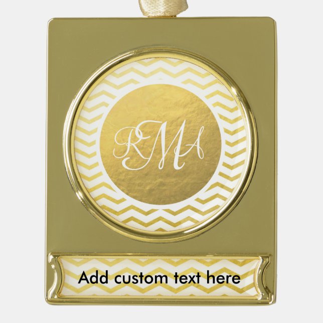 Gold und Weiß Zickzack Mit Monogramm Personalisier Banner-Ornament Gold (Vorderseite)