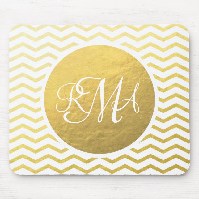 Gold und Weiß Zickzack Mit Monogramm Personalisier Mousepad (Vorne)