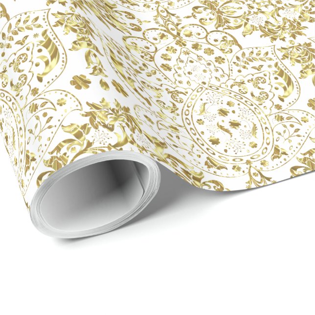 Gold- und Weißblumenmuster Geschenkpapier (Rolleneckpunkt)