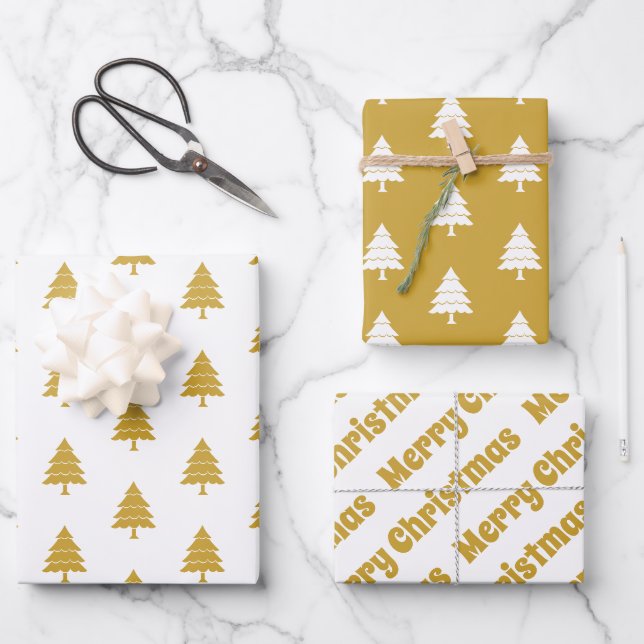 Gold und weiße Bäume Frohe Weihnachtsfeiertage Geschenkpapier Set (Vorderseite)