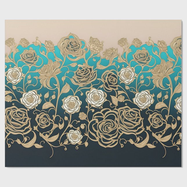 Gold und Weiße Blume Türkis und Schwarz Geschenkpapier (Flach)