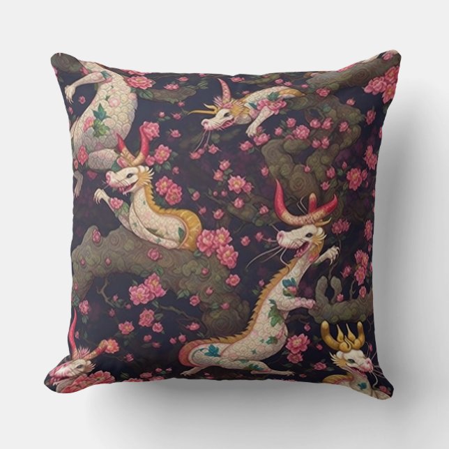 Gold und Weiße Drachen mit Kirschblüten Kissen (Vorderseite)