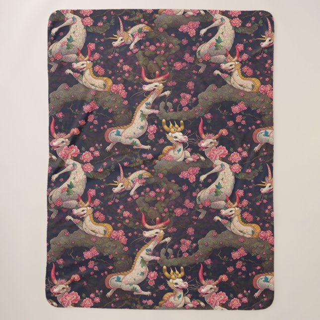 Gold und Weiße Drachen mit Kirschblüten Sherpadecke (Vorderseite)