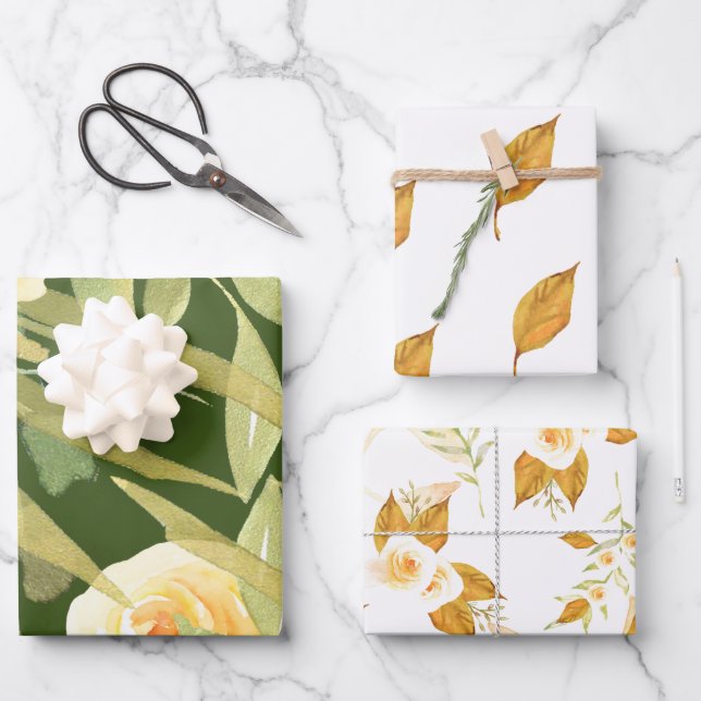 Gold- und Weiße Rosen und Foliage Geschenkpapier Set (Vorderseite)