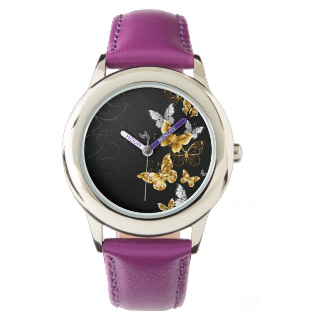 Gold und weiße Schmetterlinge Armbanduhr (Vorderseite)