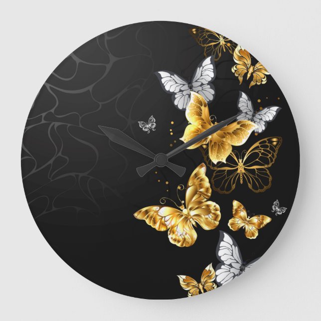 Gold und weiße Schmetterlinge Große Wanduhr (Vorderseite)