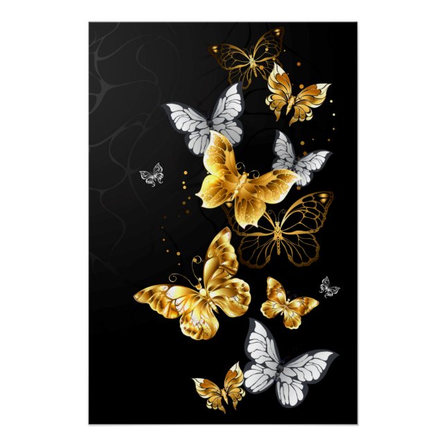Gold und weiße Schmetterlinge Poster (Vorderseite)