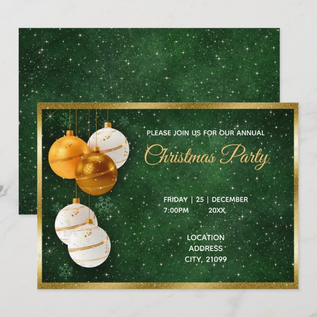 Gold und weiße Weihnachtsbälle Einladung (Vorne/Hinten)