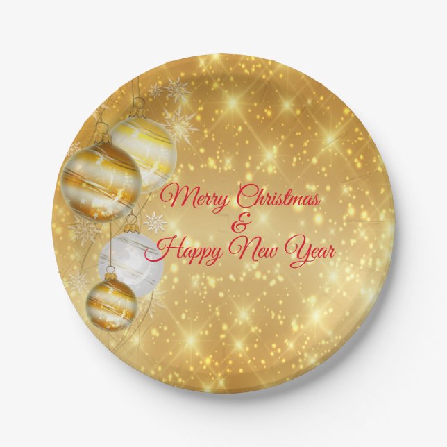 Gold und weiße Weihnachtsbälle Pappteller (Vorderseite)
