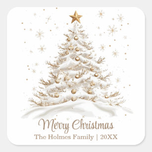 Gold und weiße Weihnachtsbaume mit Familienname Quadratischer Aufkleber