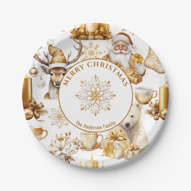Gold und weiße Weihnachtssymbole Pappteller (Vorderseite)
