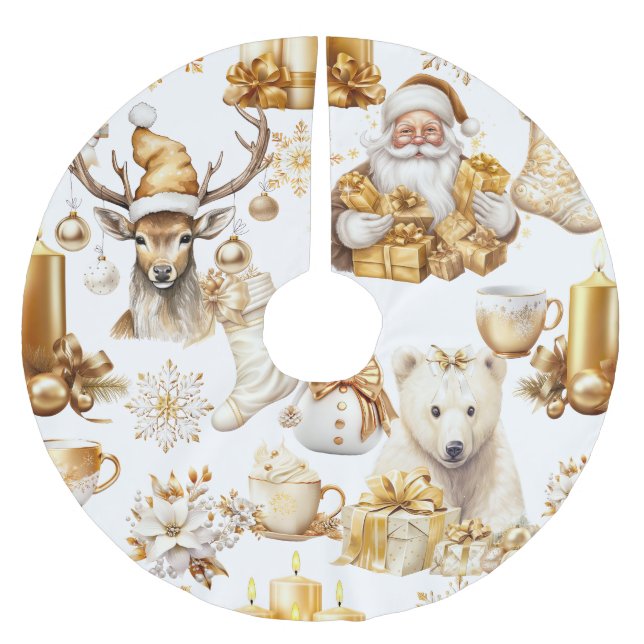 Gold und weiße Weihnachtssymbole Polyester Weihnachtsbaumdecke (Vorderseite)