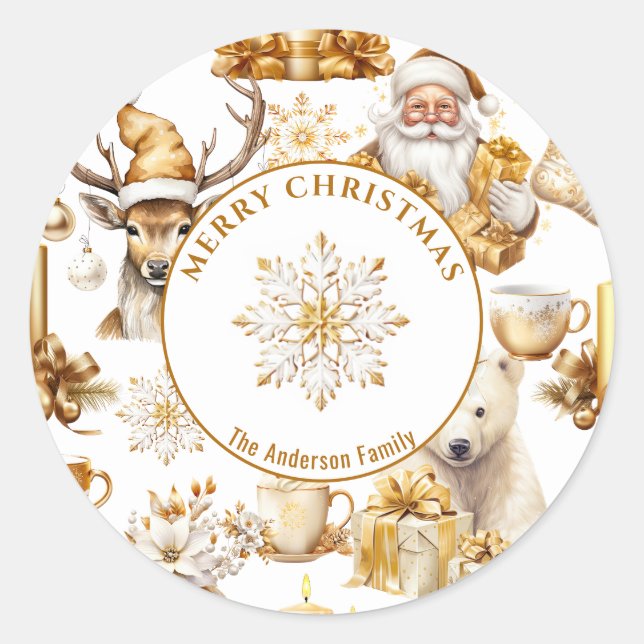 Gold und weiße Weihnachtssymbole Runder Aufkleber (Vorderseite)