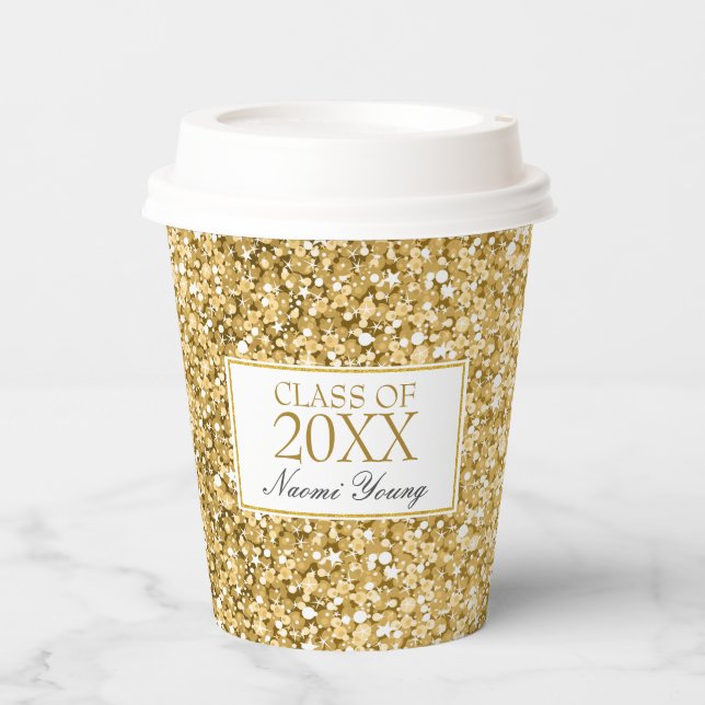 Gold und Weißer Glitzer - Abschlüsse Papier Cup Pappbecher (Vorderseite)