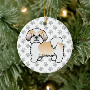 Gold- und Weißer Shih Tzu Süßer Cartoon-Hund Keramik Ornament