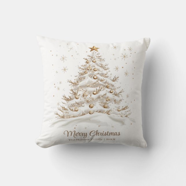 Gold und weißer Weihnachtsbaum im Schnee Kissen (Vorderseite)
