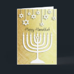 Gold und weißes Menorah glückliches Chanukka Karte<br><div class="desc">Gold und weiße Davidssterne Und glückliches Chanukka menorah personalisierte Karte.</div>