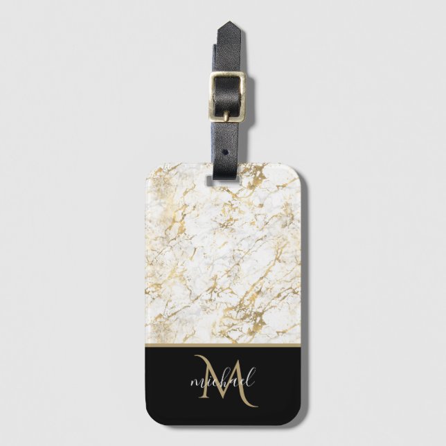 Gold- und Weißmarmor mit Schwarz-Monogramm Gepäckanhänger (Vorderseite Vertikal)