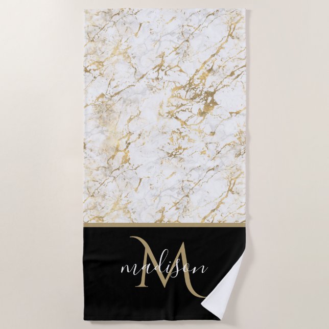 Gold- und Weißmarmor mit Schwarz-Monogramm Strandtuch (Vorderseite)