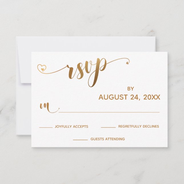 Gold- und Weißtypografie mit Herz RSVP Karte (Vorderseite)