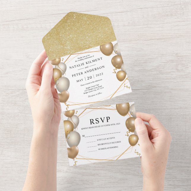 Gold und White Balloons Gold Frame Wedding All In One Einladung (Abreißen)