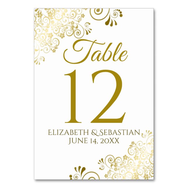 Gold und White Elegant Filigree Wedding Tischnummer (Vorderseite)