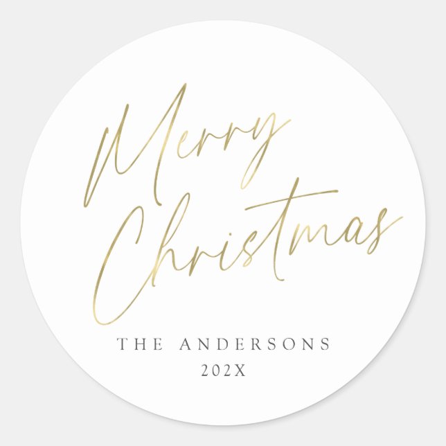 Gold und White Frohe Weihnachts-Script-Foto Runder Aufkleber (Vorderseite)