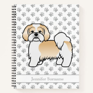 Gold und White Lhasa Apso Cartoon Dog & Name Notizbuch