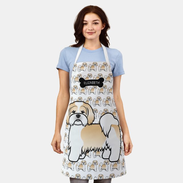 Gold und White Lhasa Apso Cartoon Dog & Name Schürze (Getragen)