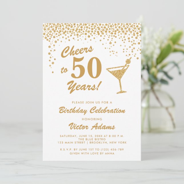 Gold und White Martini Geburtstag Einladung (Stehend Vorderseite)
