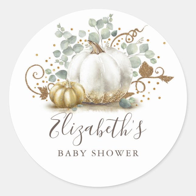 Gold und White Pumpkin Fall Baby Dusche Runder Aufkleber (Vorderseite)