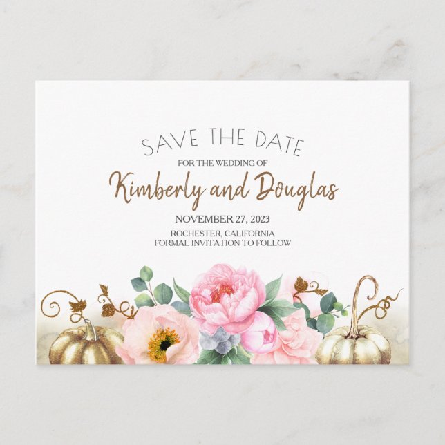 Gold und White Pumpkin Pink Save the Date Ankündigungspostkarte (Vorderseite)