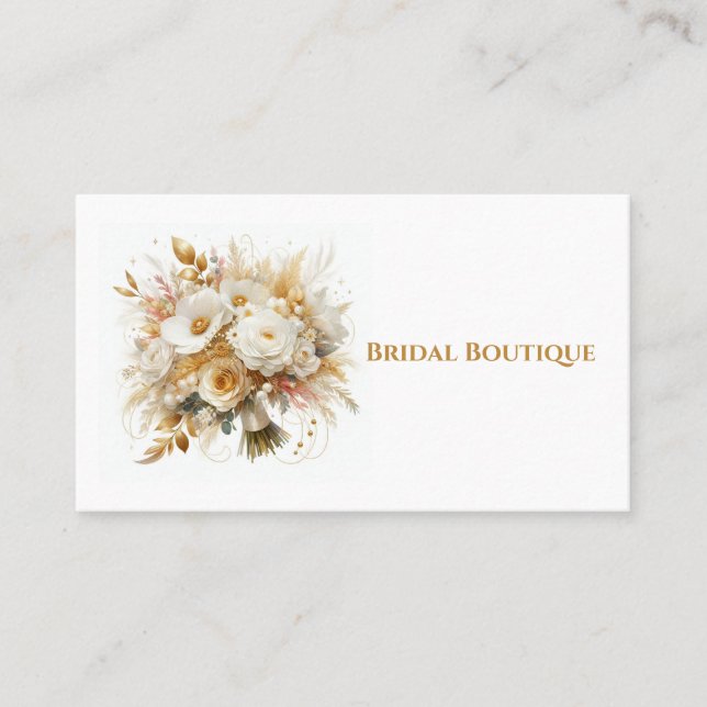 Gold und White Roses Wedding Bouquet Visitenkarte (Vorderseite)