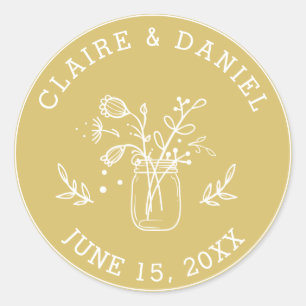 Gold und White Save the Date Mason Jar Blume Runder Aufkleber