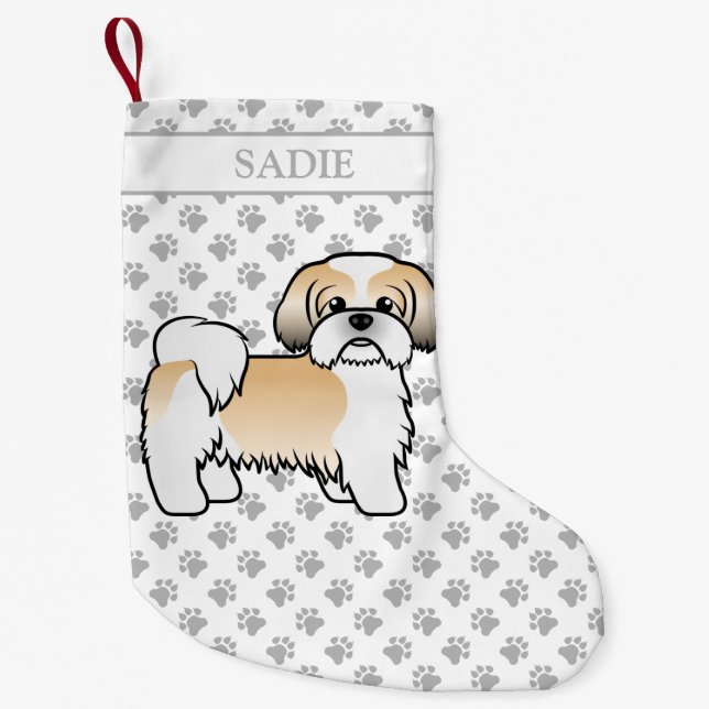 Gold und White Shih Tzu Cartoon Dog & Name Kleiner Weihnachtsstrumpf (Vorderseite)