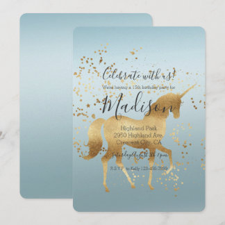 Gold Unicorn Aqua Ombre Geburtstag Einladung