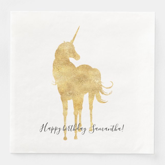 Gold Unicorn Geburtstag Serviette (Vorderseite)