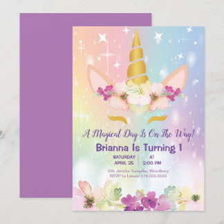 Gold Unicorn Regenbogen 1. Geburtstag Einladung