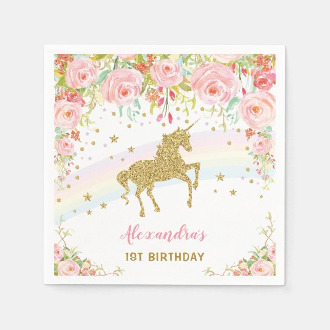 Gold Unicorn Rosa Blumengeburt Papier Napkin Serviette (Vorderseite)