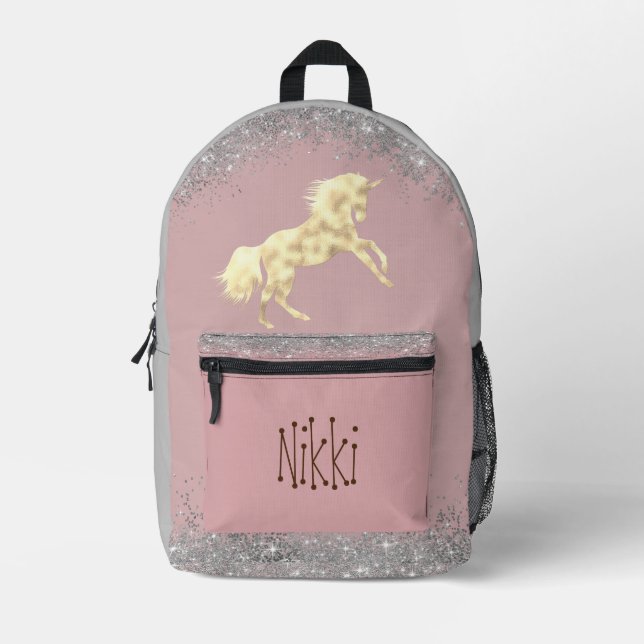Gold Unicorn Silver Glitzer Personalisiert Bedruckter Rucksack (Vorderseite)