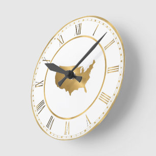 Gold-USA-Karte mit römischen Ziffern Runde Wanduhr