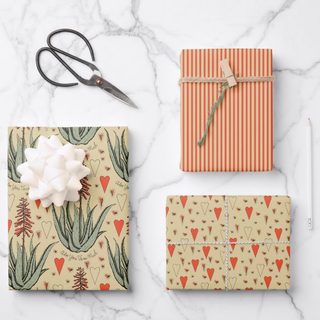 Gold Valentine Aloe Succulents Stripes Hearts Geschenkpapier Set (Vorderseite)